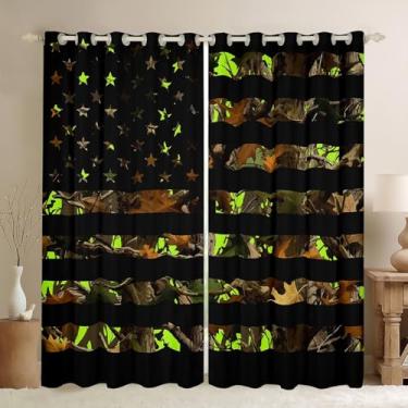 Imagem de Cortinas de janela camufladas com bandeira americana 2 painéis 106 cm L L x 213 cm C, cortinas blackout verde limão camuflagem país 50% cortinas blackout cabine rústica floresta caça tratamentos de