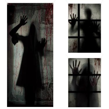 Imagem de DoubleFill Conjunto de 3 peças de capas de porta de janela de Halloween cortina fantasma assustadora silhueta de janela de Halloween cortina de casa pôster de porta de terror para decoração de festa