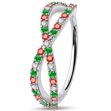 Imagem de Melighting Argola de nariz duplo de 20G, brinco de segmento articulado com elemento de Natal, anel de lóbulo de concha de cartilagem de aço cirúrgico 316L, joia de piercing corporal colorida CZ para
