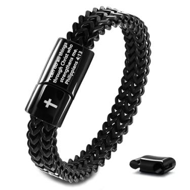 Imagem de FEEL STYLE Pulseira masculina com versículos bíblicos cruzados - Aço inoxidável Cristão Jesus Escritura Pulseiras masculinas pretas - Presentes religiosos para namorado masculino, Medium, Aço