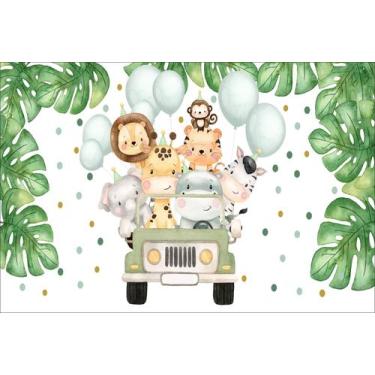 Imagem de Painel de Lona Safari Aquarela Animais Balões e Poá - Fabrika de Festa