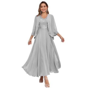 Imagem de Vestido Mãe do Noivo CDSSL com decote em V prateado e renda de chiffon