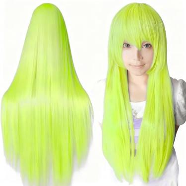 Imagem de IMISSU Perucas de cosplay de cabelo natural longo e reto com franja colorida fantasia de Halloween peruca de festa para menina (Verde fluorescente)