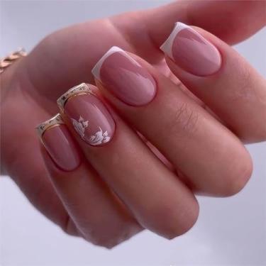 Imagem de Unhas postiças quadradas curtas com ponta francesa branca cola brilhante rosa nas unhas com design de flores unhas acrílicas prensadas cobertura completa para mulheres, 24 peças