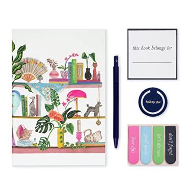 Imagem de Kate Spade New York Kit de clube do livro, conjunto de acessórios de leitura inclui 4 dardos de livro, 10 adesivos de placa, marcador de livro, caderno e caneta de tinta, estante