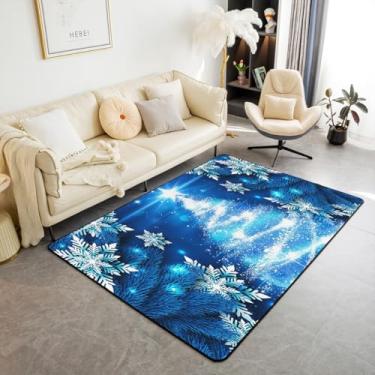 Imagem de Tapete de árvore de Natal, tapete de área 10 x 12 cm, chique com tema de Natal, floco de neve, antiderrapante, azul, para sala de estar, quarto, ultramacio, lavável à máquina