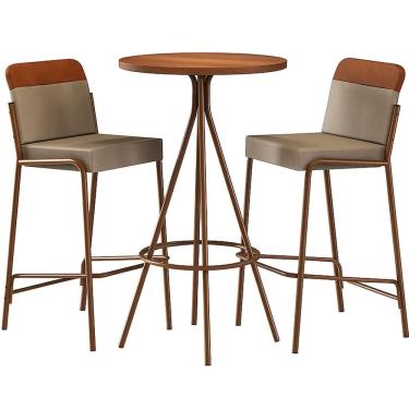 Imagem de Mesa Bistro 1575 com 2 Banquetas 1753 Redonda em Aço e Tampo Madeirado Carraro Cor Rose Cobre Freijo com Tecido Areia e