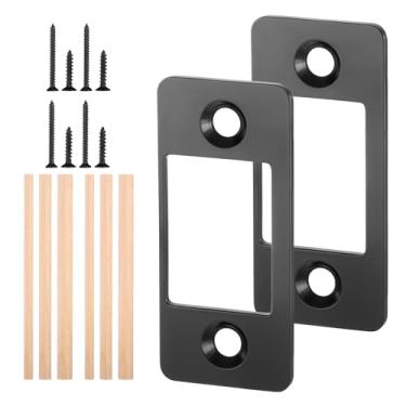 Imagem de Pacote com 2 placas de ataque restaurador de trava de aço inoxidável com furo grande, placas de ataque restaurador de fechadura preta fosca com cavilha de madeira e parafusos para desalinhamento de