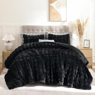 Imagem de YIKUSH Conjunto de edredom preto King luxuoso de pele sintética para o inverno, conjunto de cama queen fofo com 2 fronhas, preto macio e quente