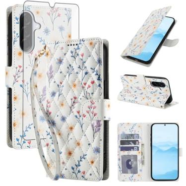 Imagem de Asuwish Capa de telefone para Samsung Galaxy A17 / A26 carteira celular com protetor de tela de vidro temperado porta-cartão de flor com suporte fino A 17 17A 26 26A SM-A17 mulheres homens uma flor