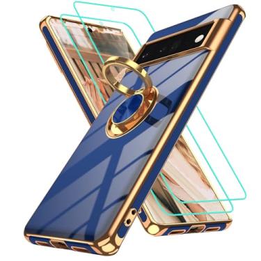 Imagem de Gritup Capa para Google Pixel 6 Pro com 2 peças de protetor de tela | Suporte magnético de rotação de 360° | Revestimento dourado macio TPU protetor básico para Pixel 6 Pro Azul