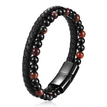 Imagem de MYNENEY Pulseira de couro com pedra olho de tigre de aço inoxidável com miçanga, pulseira masculina de camada dupla tecida à mão, 8.3in, Aço inoxidável, Sem Pedra Preciosa