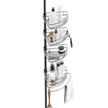 Imagem de Zenna Home Suporte de chuveiro com poste de tensão, sistema de armazenamento de chuveiro de canto ajustável com 4 cestas e barra de toalha embutida, solução de organização de banheiro, 152 a 244 cm,