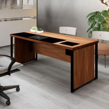 Imagem de Mesa de Escritório Diretor 200cm com Caixa de Tomadas e Porta Objetos Corporate Nogal/Preto