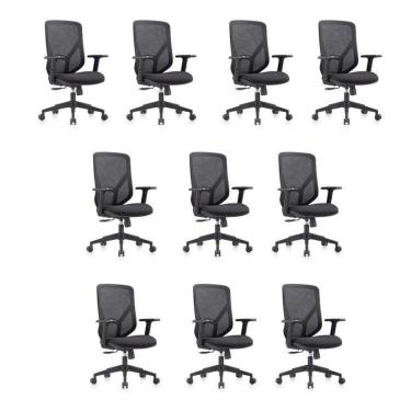 Imagem de Conjunto 10 Cadeiras para Escritório Alpha Giratórias Diretor com Braços Ajustáveis Preto