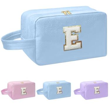 Imagem de I IHAYNER Bolsa de maquiagem inicial para mulheres, presentes de aniversário para meninas de 4, 5, 6, 7, 8, 9, 10, 11, 13, 14 anos, bolsa de cosméticos, bolsa de higiene pessoal, Azul, E, E