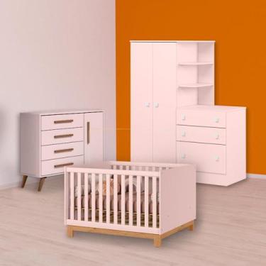 Imagem de Berço Mini Cama, Cômoda Sapateira e Guarda Roupa Cômoda Rosa - Qmovi