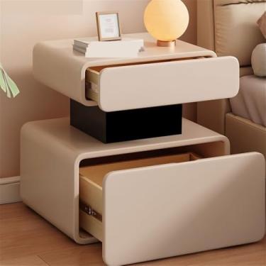 Imagem de Mesa de cabeceira pequena mesa de cabeceira para quarto com gaveta dupla de couro, mesa de cabeceira branca de madeira (pequena)