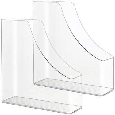 Imagem de QXBXYHM Pacote com 2 porta-arquivos verticais, organizador de mesa de acrílico transparente, organizador de documentos de plástico, suporte de revistas de animal de estimação, suporte de revistas