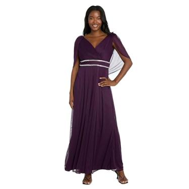 Imagem de R&M Richards Vestido maxi feminino de chiffon plissado com decote sobrepeliz com mangas drapeadas e cintura de strass - vestido de noite formal, Berinjela, 50