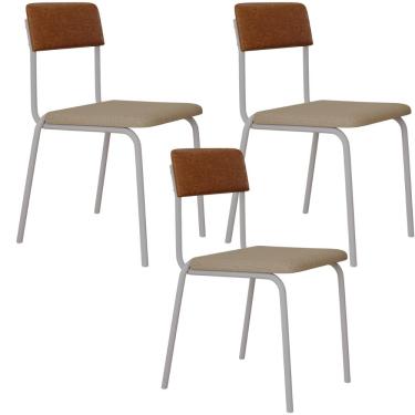 Imagem de Kit 03 Cadeiras Estofada Para Sala de Jantar Sense Branco C01 Linho Areia Courino Caramelo - Lyam Decor