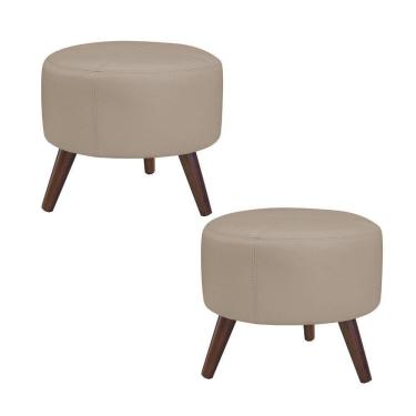 Imagem de Kit 2 Puffs Decorativos Redondo Pés Palito Couro Bege - Gran Belo