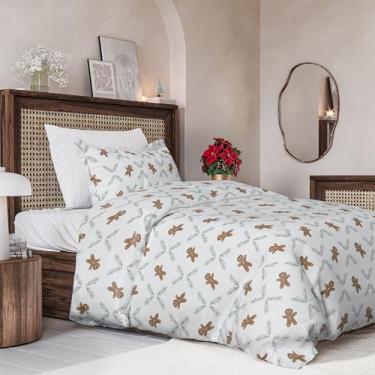 Imagem de Conjunto de capa de edredom de Natal tamanho solteiro - capa de edredom solteiro extramacia com 2 fronhas - Roupa de cama natalina com fechos de zíper e laços - Conjunto de cama confortável