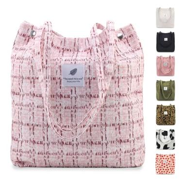 Imagem de GODWOODS Bolsa feminina de veludo cotelê, bolsa de ombro casual Hobo de grande capacidade com bolsos internos para trabalho, viagens, compras, A - Chanelstyle Pink, 13.5" x 14.5" x 4.3"