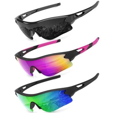Imagem de Óculos de sol esportivos masculinos e femininos com lentes polarizadas para ciclismo, pesca, pacote com 3, Cinza/roxo vermelho/azul e verde
