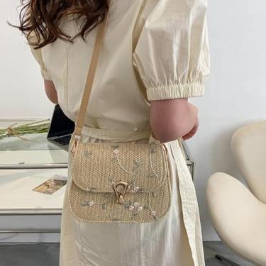 Imagem de Bolsa tiracolo feminina de tecido – Bolsa de ombro estilo palha pequena com alça ajustável, Caqui, Bolsa tiracolo