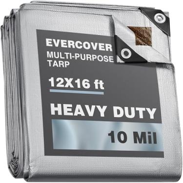 Imagem de EVERCOVER Lona resistente, grande à prova d'água - 10 mil extra grossa, resistente a UV, lona de plástico impermeável ao ar livre, acampamento, piscina, capa de chuva de telhado de casa (prata/marrom)