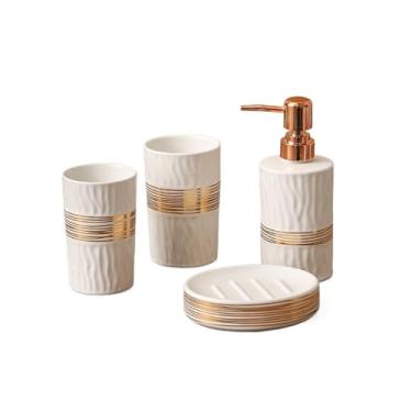 Imagem de Dispensador de sabão Dispensador de sabonete cerâmica leve e luxuoso, kit criativo 4 peças para lavagem banheiro, copo para enxaguatório bucal