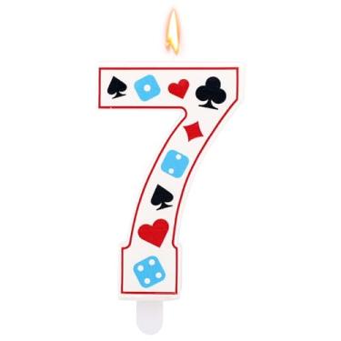 Imagem de Vela de aniversário com tema de cassino, vela com número de dados de pôquer para decorações de bolos, artigos de decoração de festa de aniversário com tema de jogos de azar (número 7)