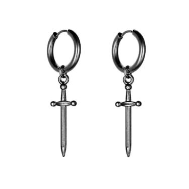 Imagem de Brincos de argola pequenos com pingente de espada de punhal minimalista, para homens e mulheres, pingentes de aço inoxidável, hélice, hipoalergênico, moderno, punk, hip hop, vintage, pendurados