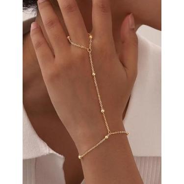 Imagem de Pulseira dourada elegante com anel para mulheres, boho, ajustável, estilo férias, pulseira de elos para presente de aniversário, One Size, Cobre, Sem Pedra Preciosa