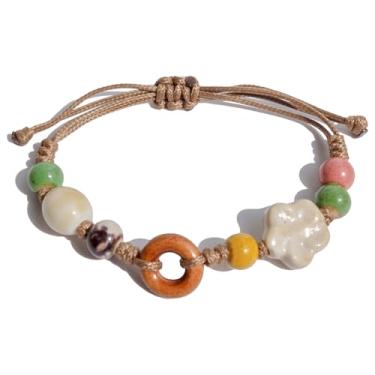 Imagem de Zlanderah Pulseira de contas de cerâmica de flor amarela boêmia com círculo de madeira, pulseira hippie ajustável para mulheres, joia étnica feita à mão, presente para ela