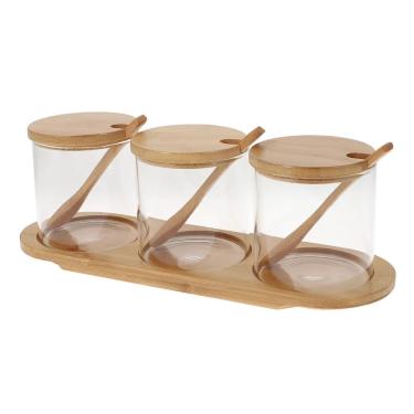 Imagem de Cj 3 Potes de Vidro 350ml P/Temperos e Condimentos C/Tampa Colher e Suporte de Bambu Mimo Style
