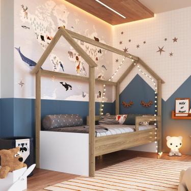 Imagem de Cama Infantil Montessoriana Casinha Menino Menina Solteiro Com Proteção Lateral Aveiro Oak Com Branco