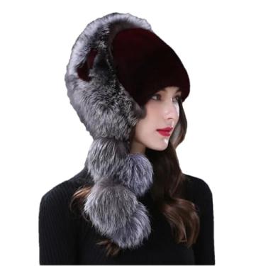 Imagem de Chapéu feminino de pele térmica engrossada de inverno chapéu de pele ao ar livre chapéu de prevenção de frio cauda de cabelo decorativo chapéu de pele borgonha P