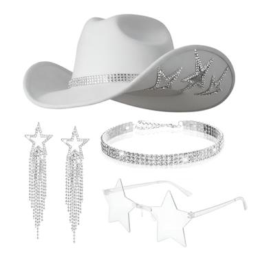 Imagem de Chicingyou Conjunto de 4 peças de chapéu de vaqueira, colar, brincos, estrelas, óculos de sol, faroeste, glitter, strass, estrela, chapéu de feltro de cowboy