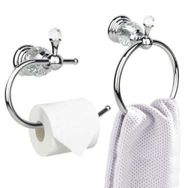 Imagem de Conjunto de 2 peças de suporte de papel higiênico série cristal prata anel de toalha de parede mouted toalheiro de mão redondo dourado decorativo para banheiros