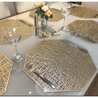 Imagem de Jogo Americano Octagonal Sextavado Kit 4 ou 6 Peças Redondo 38cm Mesa Posta Supla sousplat(4 UNIDADES DOURADO)