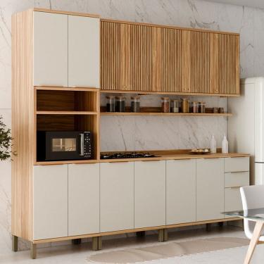 Imagem de Armário de Cozinha Modulada com Balcão e Tampo 13 Portas 3 Gavetas Nice Fresado com Prateleira 100% Mdf Amêndoa/Off White - Pnr Móveis