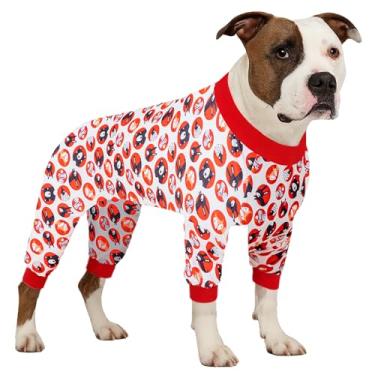 Imagem de LovinPet Pijama Pitbull para meninas, macacão de recuperação de ferimentos, pulôver de algodão Pitbull, tecido elástico aconchegante, estampa vermelha de amigos da floresta, pijama grande para cães