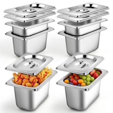 Imagem de Pacote com 6 panelas de hotel 1/9 com tampas, panela de mesa a vapor profundo de 10 cm com tampa, frigideiras de aço inoxidável de 16 cm C x 10 cm L para casa, festa, hotel, buffet