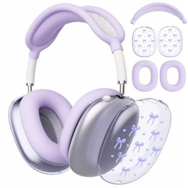 Imagem de AdorableWhimsy Capa fofa com design de laço roxo para Apple AirPods Max, capas para fones de ouvido/capa para fones de ouvido, acessórios de proteção de fone de ouvido para AirPods Max (2020 Lightning