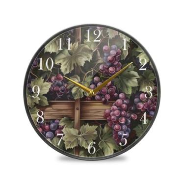 Imagem de ALAZA Relógio de parede Uvas na caixa de madeira, sem tique-taque, silencioso, operado por bateria, relógio decorativo redondo para casa, sala de estar, cozinha, escritório, dormitório, decoração
