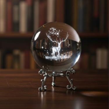Imagem de Decoração de bola de cristal 3D com suporte - Ornamento de mesa de cristal de vidro 3D gravado a laser com vários padrões para escritório em casa, quarto