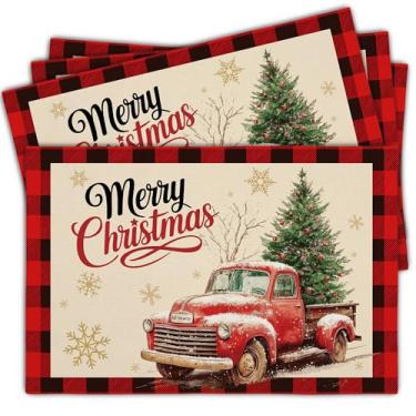 Imagem de Conjunto de 4 jogos americanos de floco de neve de Natal, tapetes de mesa de inverno de 30 x 45 cm, design de caminhão de árvore de Natal com xadrez, decoração de festa de cozinha e jantar, reunião de