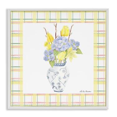 Imagem de Stupell Industries Vaso de mola em xadrez amarelo branco emoldurado, arte giclée, design por Lee Ann Sanders, 12 x 12